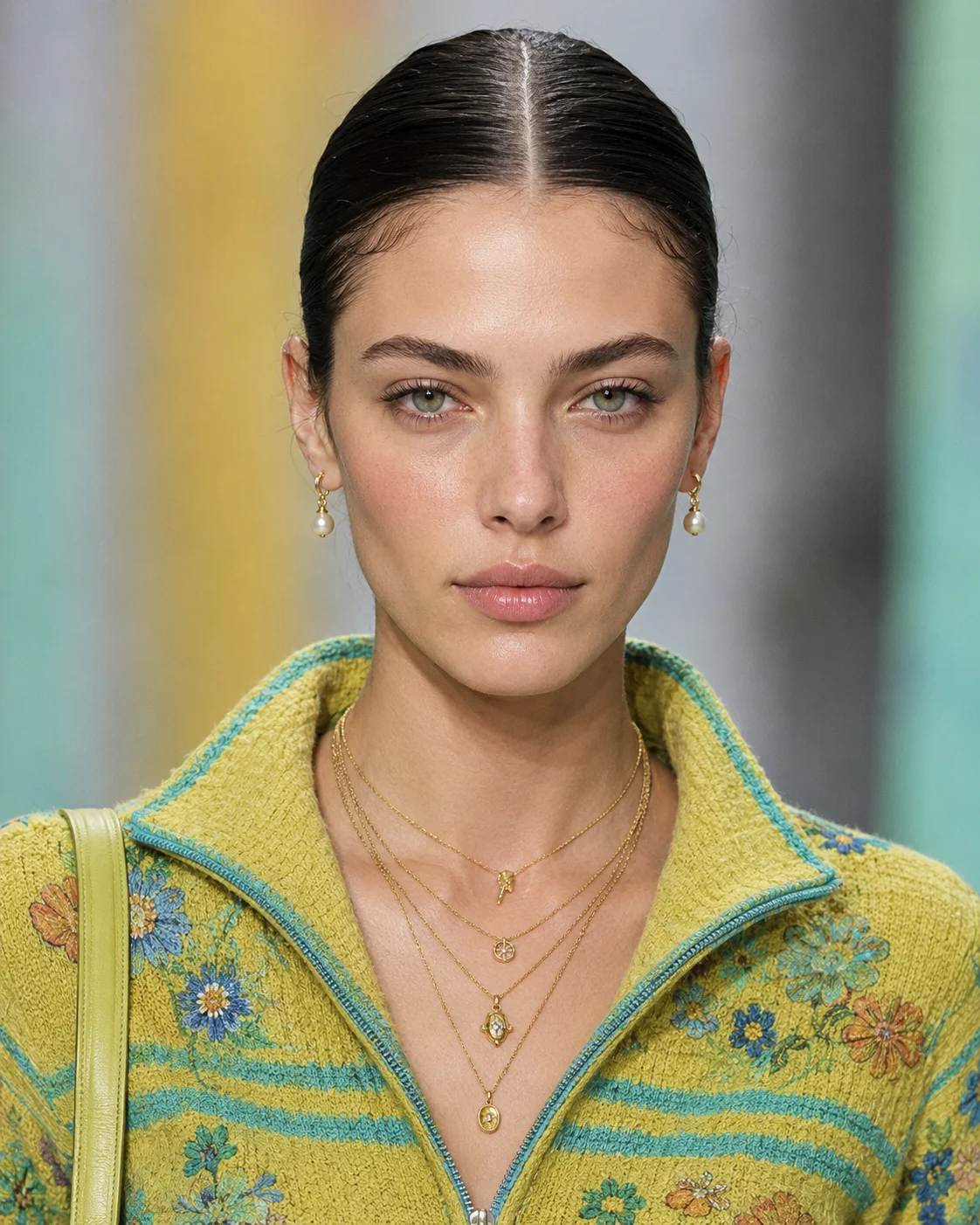 One woman faces the camera in a chartreuse knit zip-collar top with green eye styling, pearl-like gold earrings, and layered gold chains.