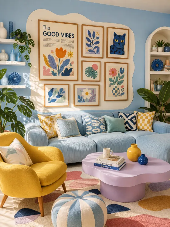 Bright blue living room with botanical artwork, pastel sculptural furniture, tropical plants, and colorful decor.