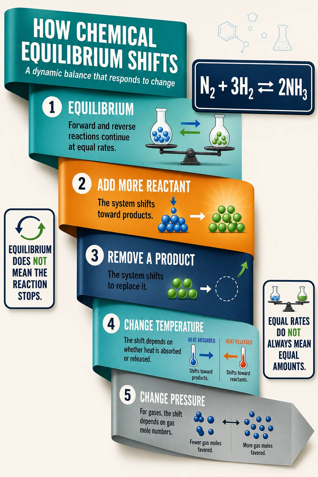 Educational equilibrium infographic with five folded ribbon stages, a reversible nitrogen-hydrogen reaction, and two bold clarification notes.