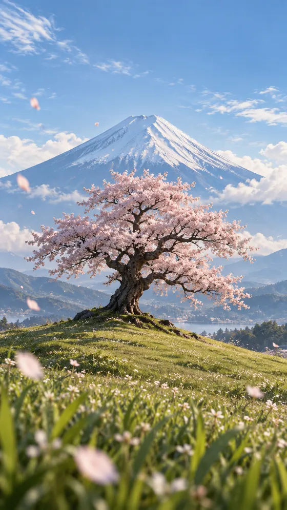 Pale pink cherry blossom tree standing on a green hill before a large snow-capped mountain beneath a soft blue spring sky.