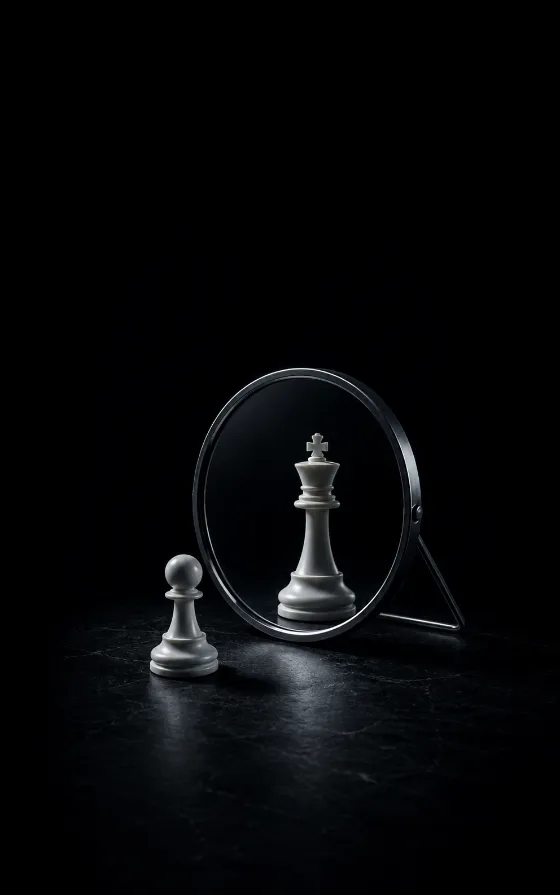 A white chess pawn faces a round mirror in a dark studio scene, with a crowned chess piece reflected in the mirror.