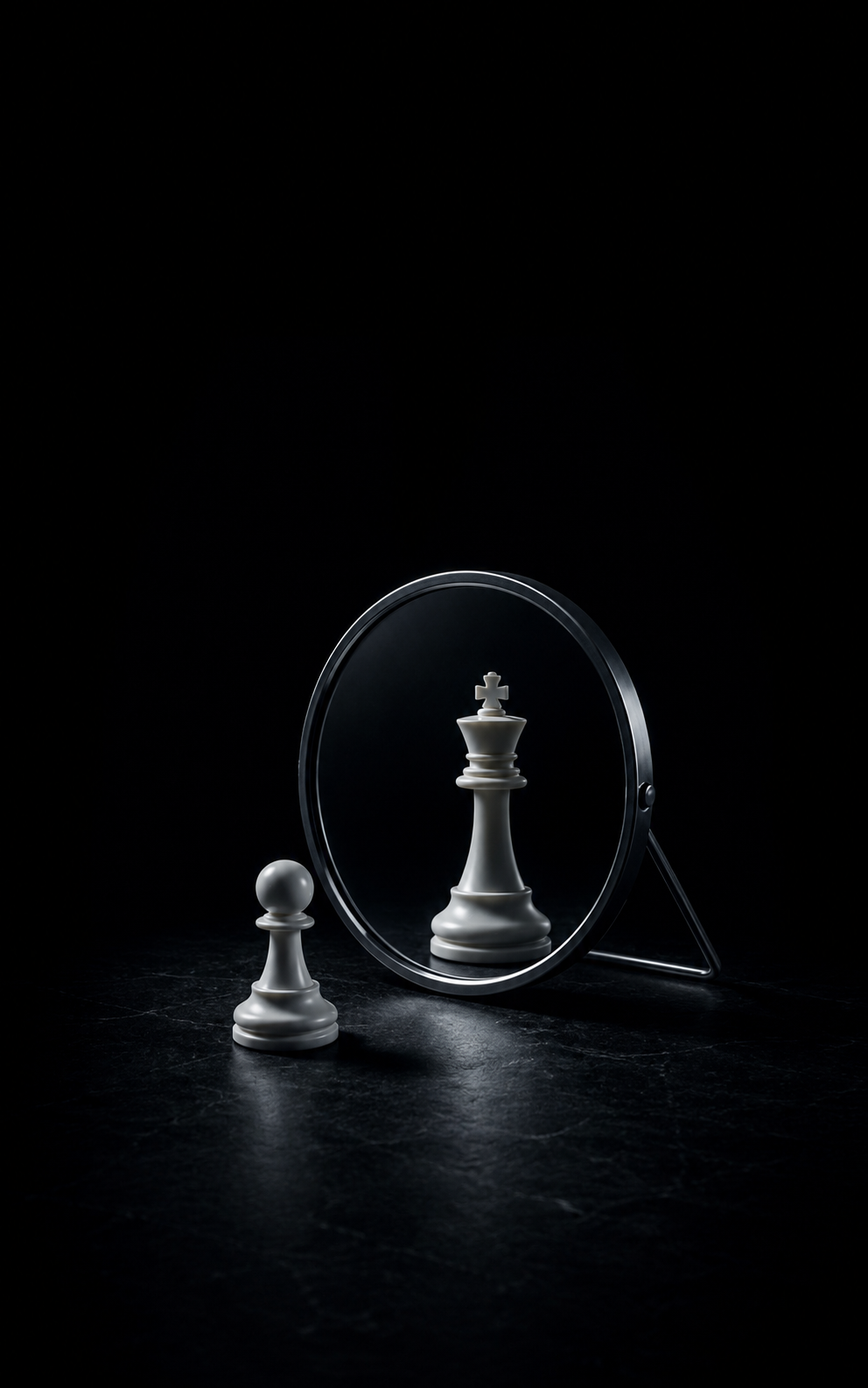A white chess pawn faces a round mirror in a dark studio scene, with a crowned chess piece reflected in the mirror.