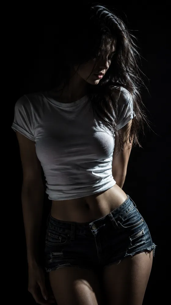 Stylized realistic woman in a white T-shirt and dark shorts illuminated against a black background.