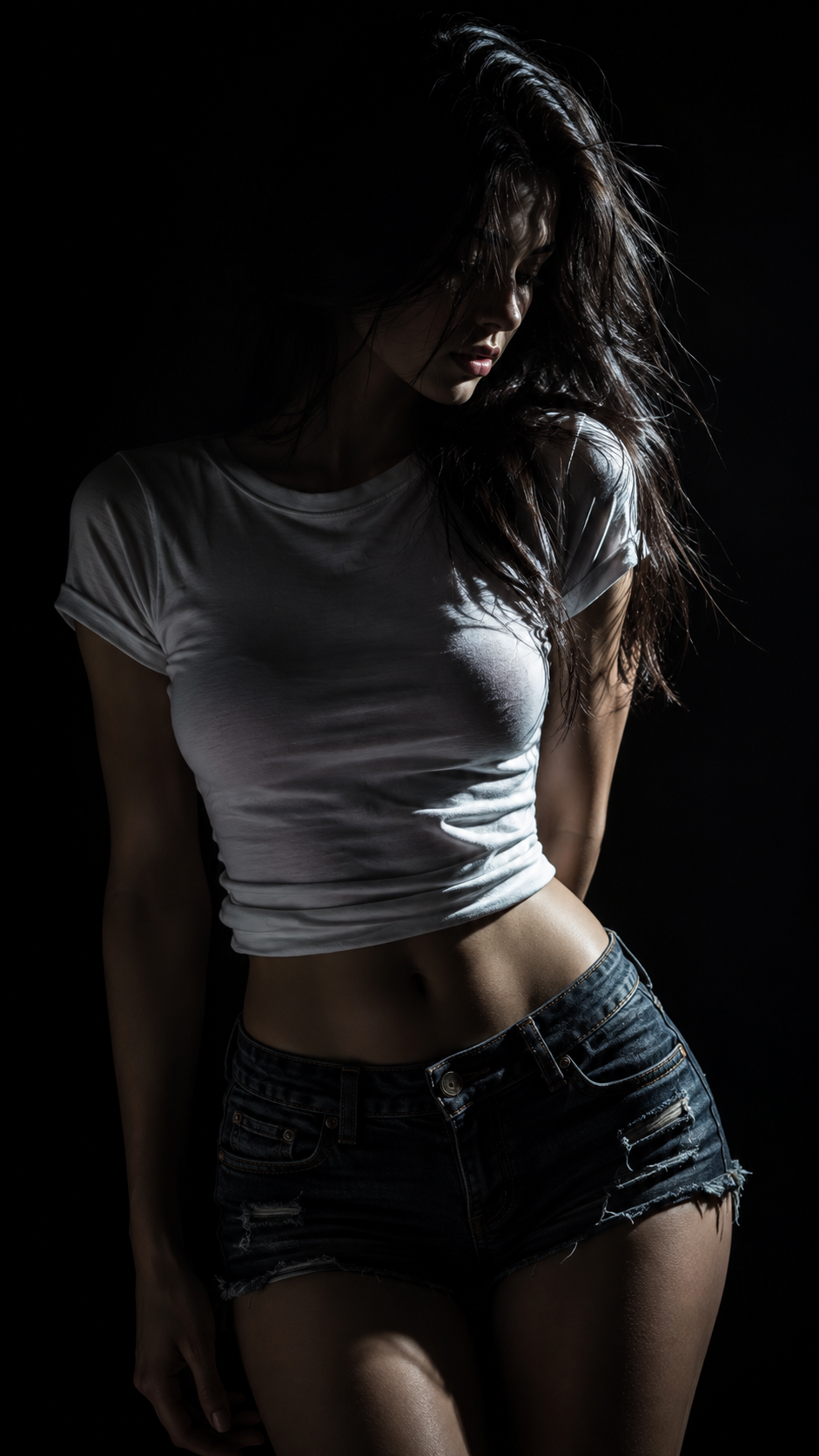 Stylized realistic woman in a white T-shirt and dark shorts illuminated against a black background.