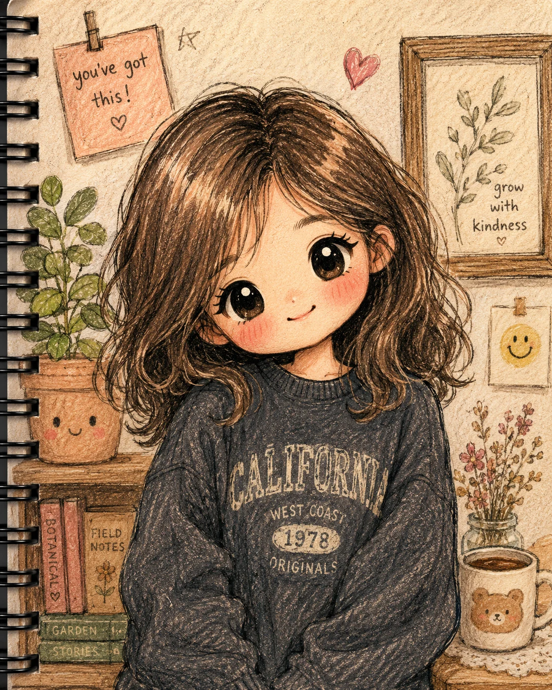 fashion portrait, woman, cozy room with sketchbook aesthetic, standing pose, shown with photo styling.