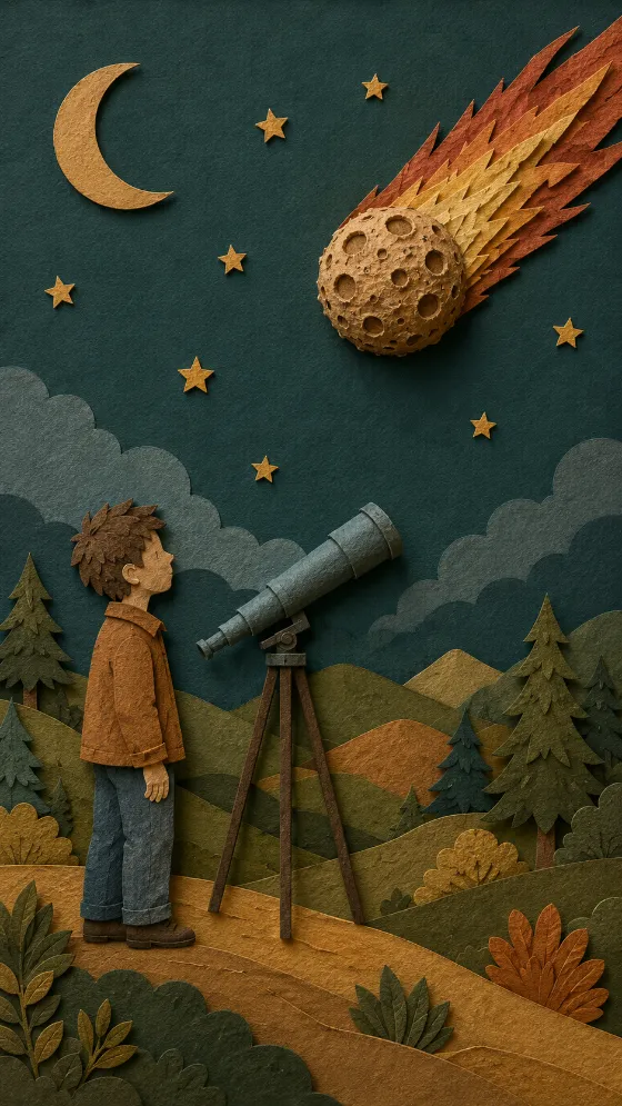 Vertical layered-paper artwork of a child beside a telescope watching a fiery cratered in a starry night sky.