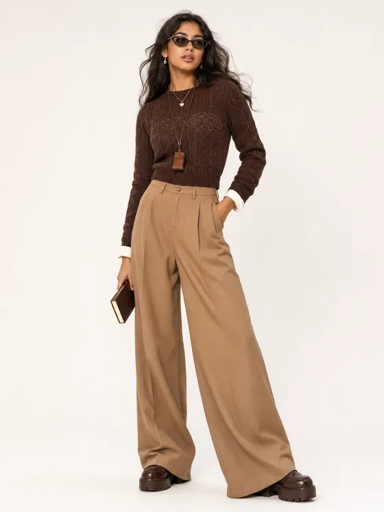 Studio fashion look with chocolate knitwear, camel wide-leg trousers, layered necklaces, dark glasses and chunky brown platform loafers.