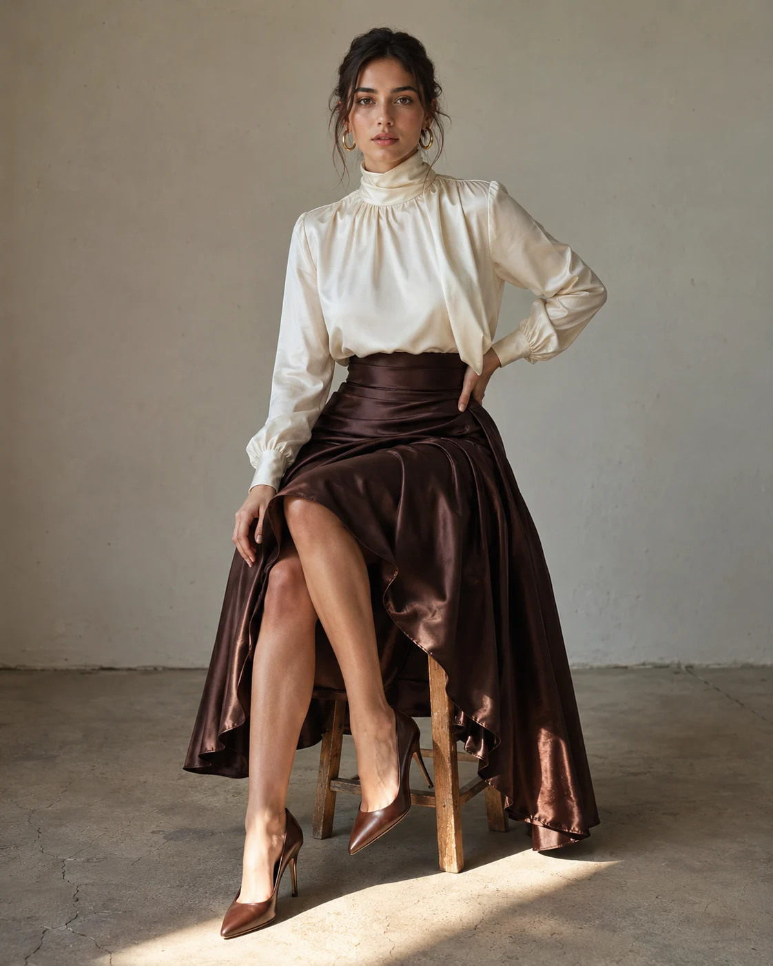 Seated fashion portrait with ivory blouse, chocolate satin skirt, crossed legs, gold hoops, and pointed brown heels.