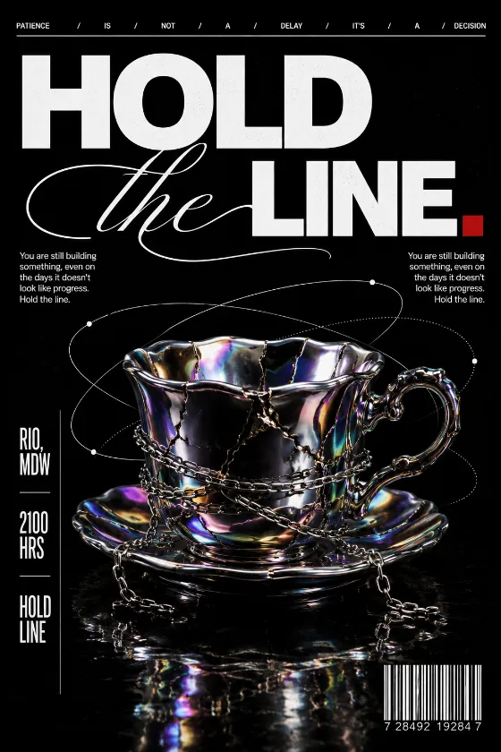 Black editorial poster with bold Hold the Line typography above a cracked iridescent chrome teacup wrapped in a thin silver chain on a grain-textured background.
