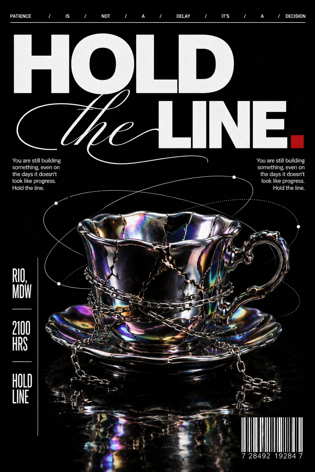 Black editorial poster with bold Hold the Line typography above a cracked iridescent chrome teacup wrapped in a thin silver chain on a grain-textured background.