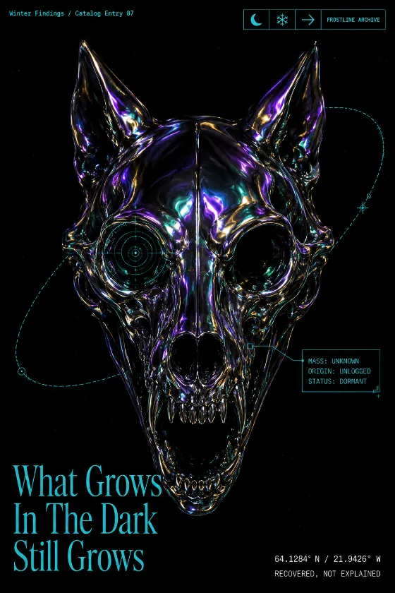 Dark poster with an iridescent chrome wolf skull, cyan technical diagrams, archive typography, coordinate details, and a bold lower-left headline.