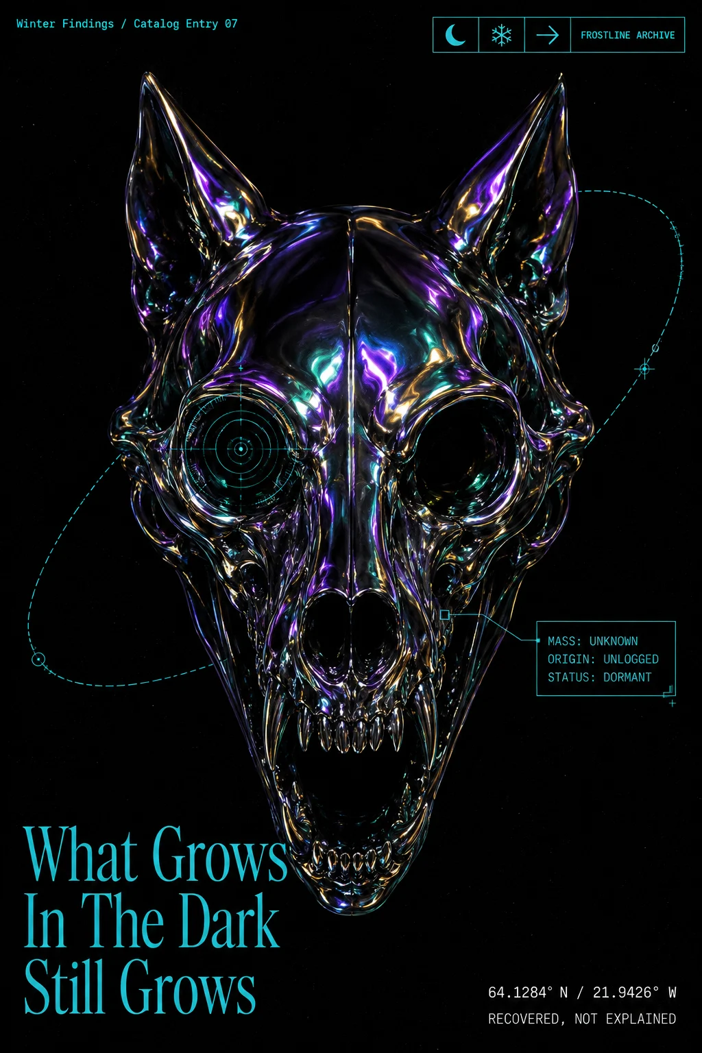 Dark poster with an iridescent chrome wolf skull, cyan technical diagrams, archive typography, coordinate details, and a bold lower-left headline.