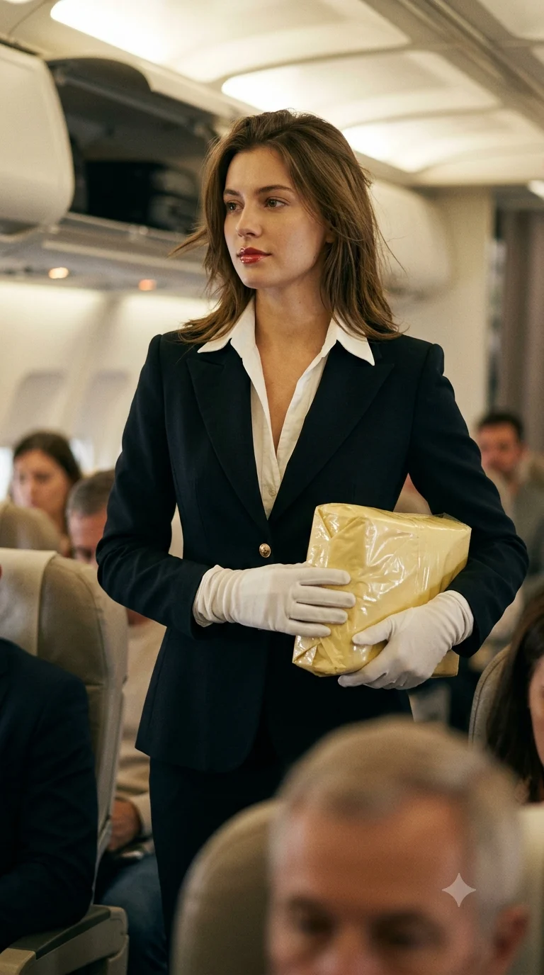 Cinematic airplane cabin fashion portrait of a woman in a dark tailored blazer, white gloves, and a yellow wrapped parcel.