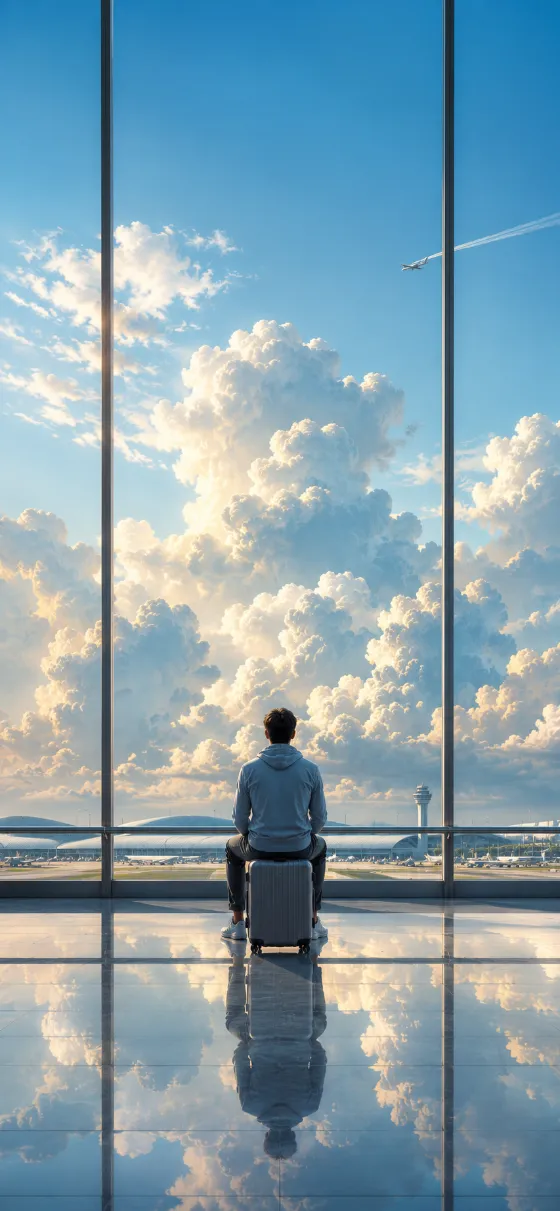 A traveler sits before a vast airport window overlooking dramatic illuminated clouds and blue skies.