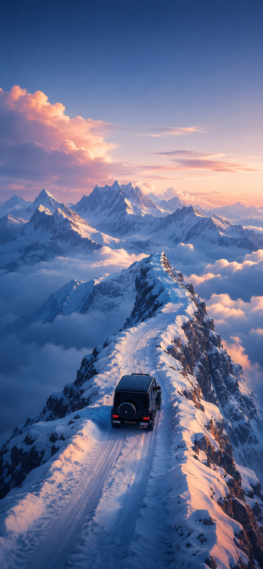 Black off-road SUV driving along a narrow snowy alpine ridge above blue mountains and peach-white clouds in a cinematic vertical composition.