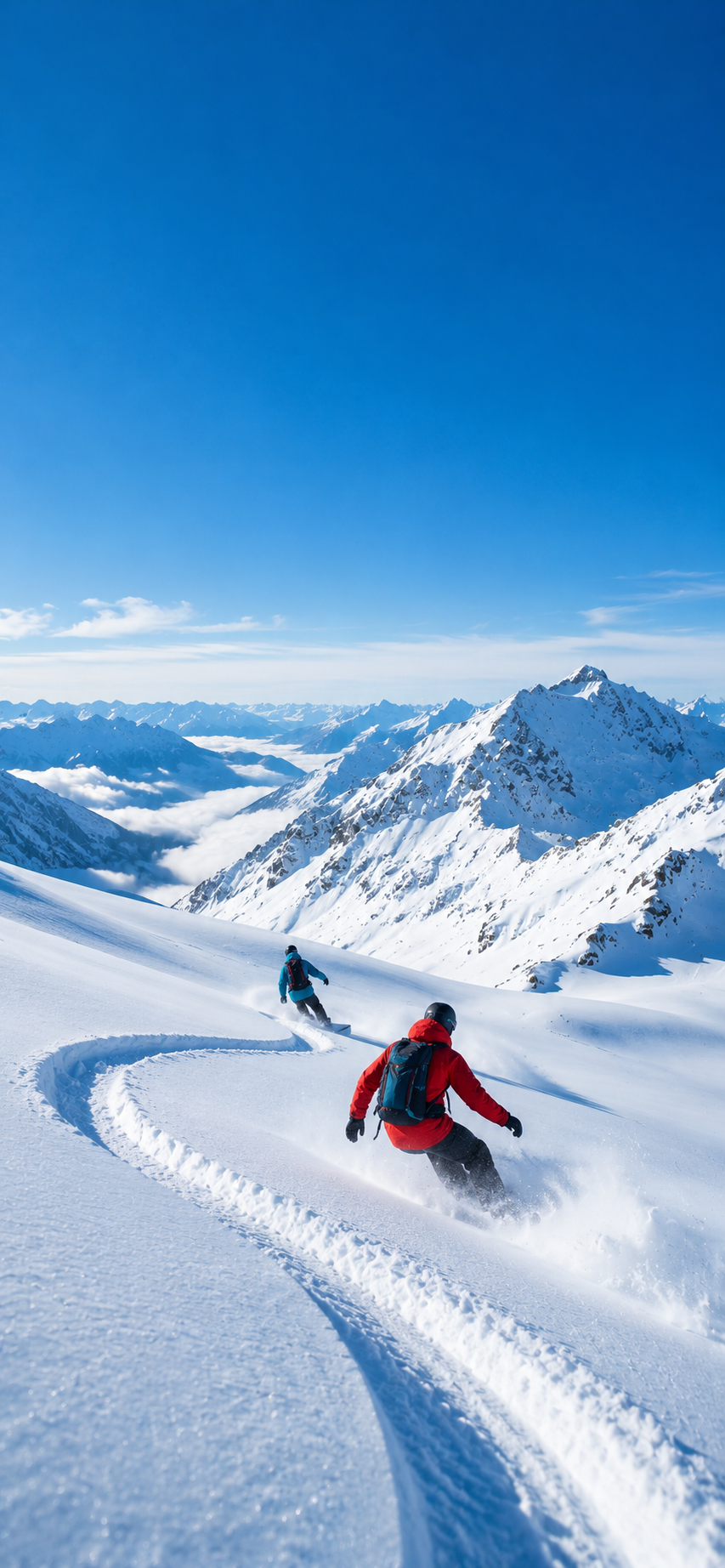 Two snowboarders carving across a pristine snow-covered mountain beneath a vivid blue winter sky.