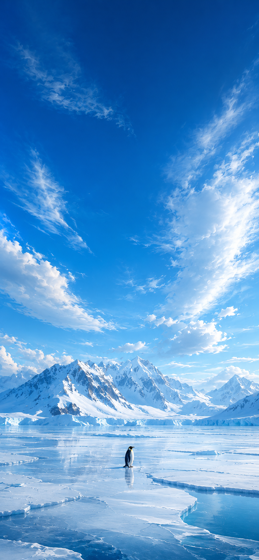 A lone penguin standing on a frozen arctic landscape beneath towering snowy mountains and a dramatic blue sky.