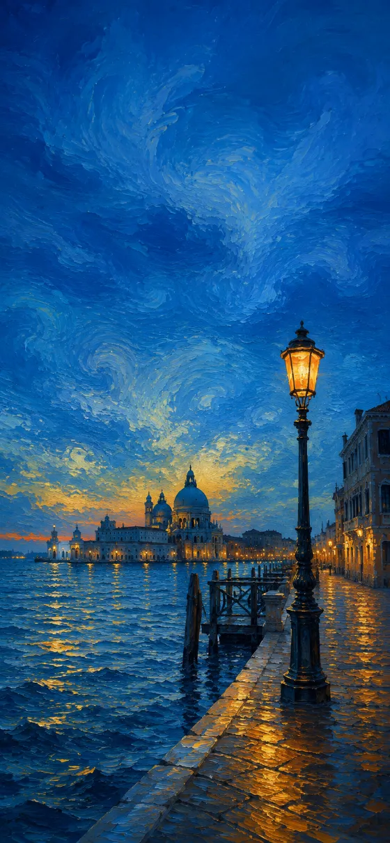 Painterly evening waterfront with glowing street lamps beneath a swirling blue sky.