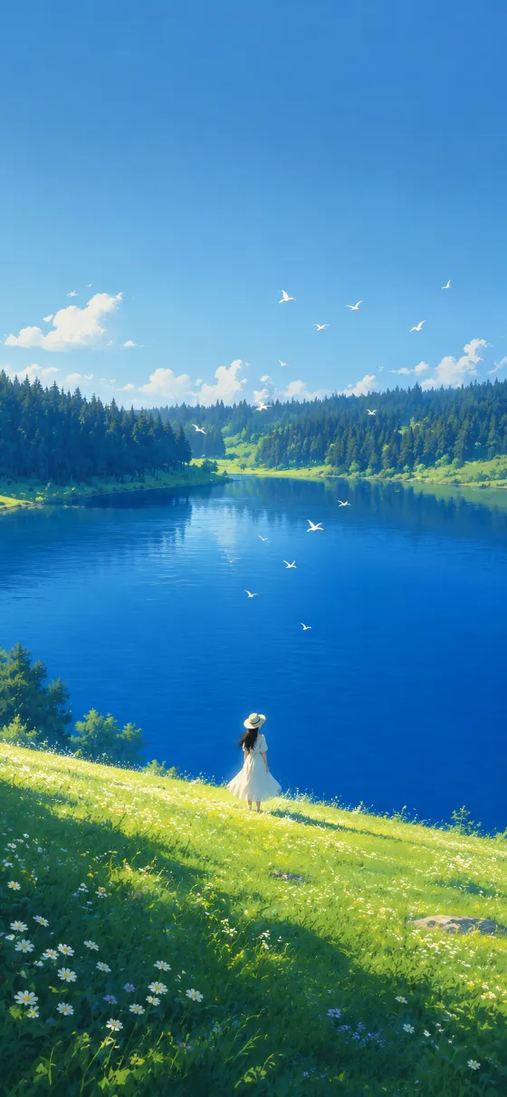 Anime-style illustration of a lone figure beside a brilliant blue lake with white birds flying over a green meadow.