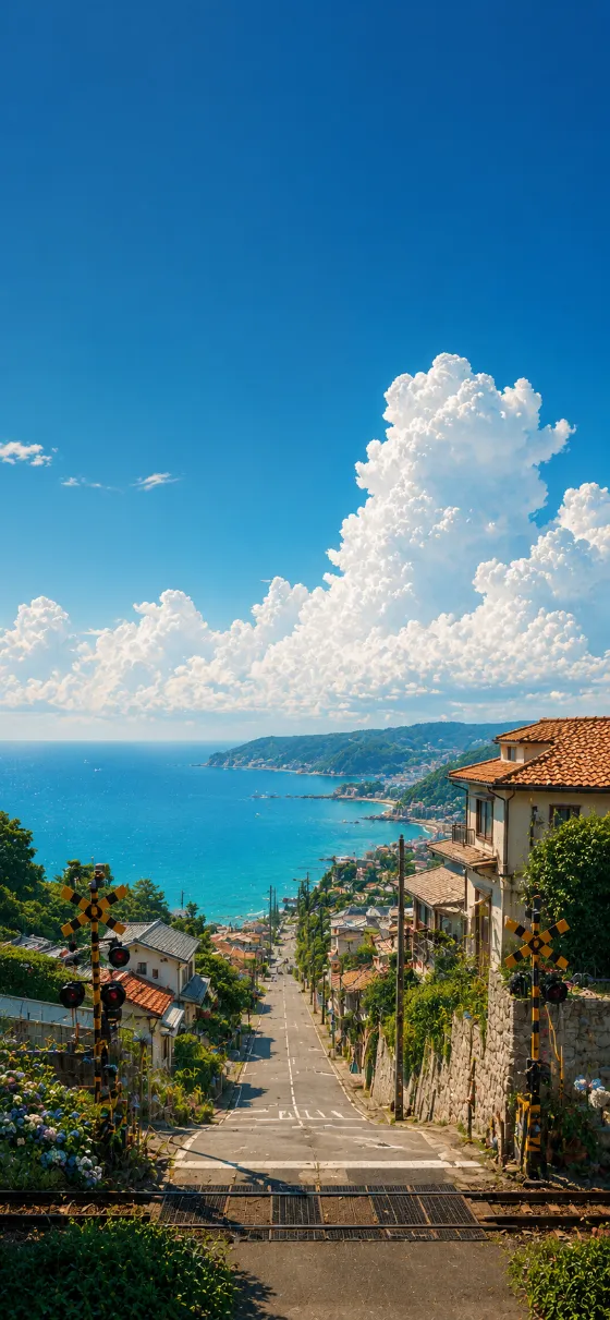 A steep coastal street leading toward a turquoise bay beneath towering white summer clouds.