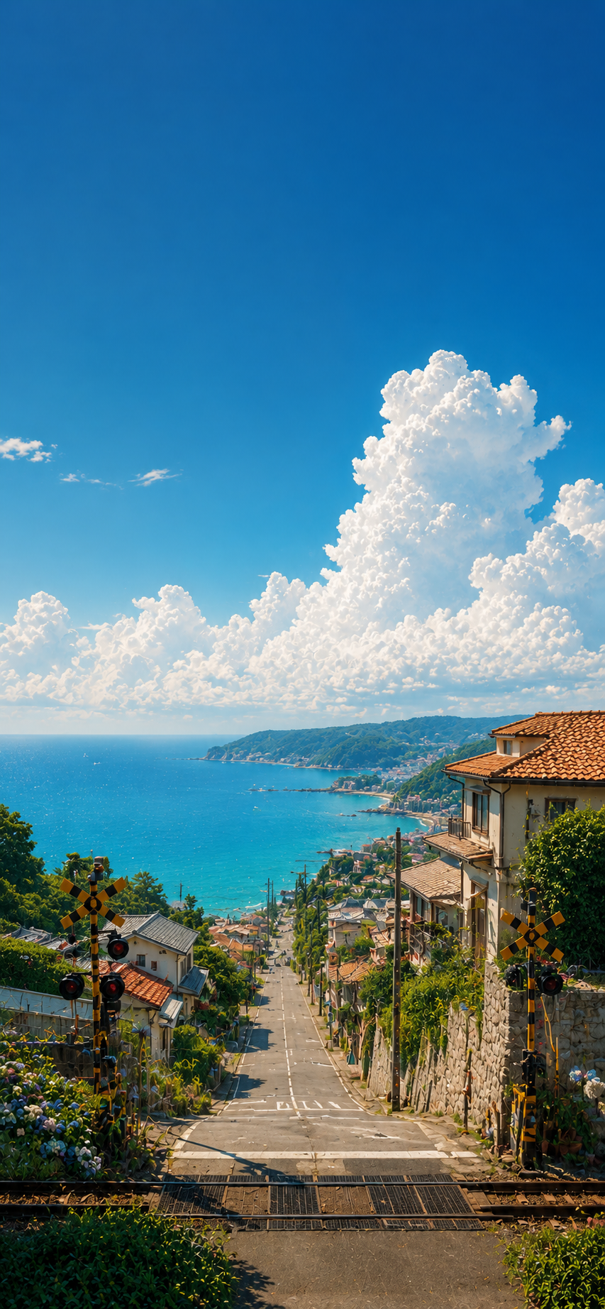 A steep coastal street leading toward a turquoise bay beneath towering white summer clouds.