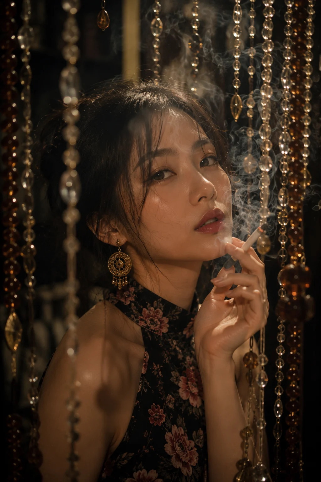 Luxury editorial portrait framed by crystal bead curtains with dramatic warm lighting.