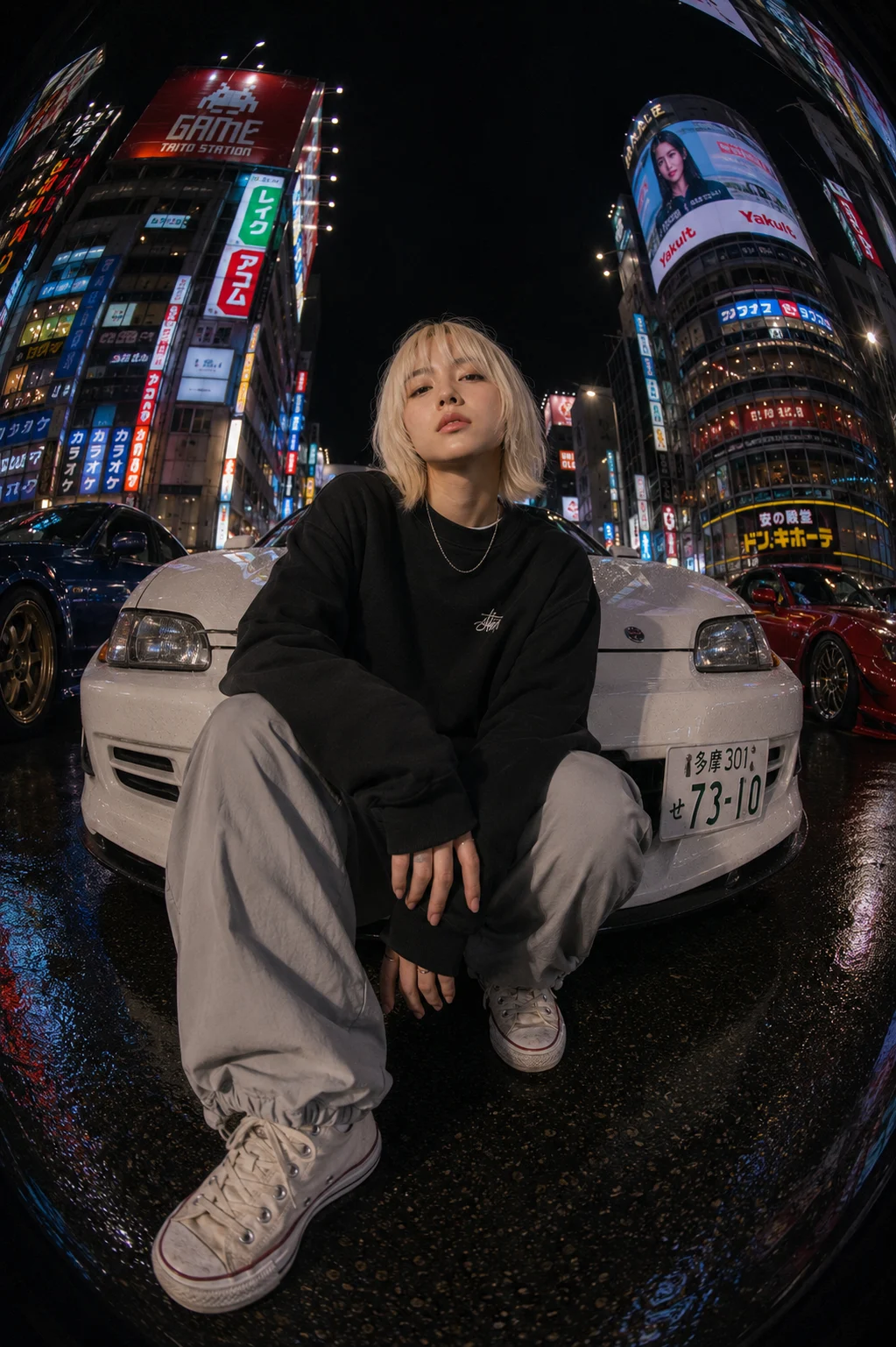 Woman looks over her shoulder at a waterfront railing at night, with city skyline lights behind her in a realistic low-light smartphone photo.