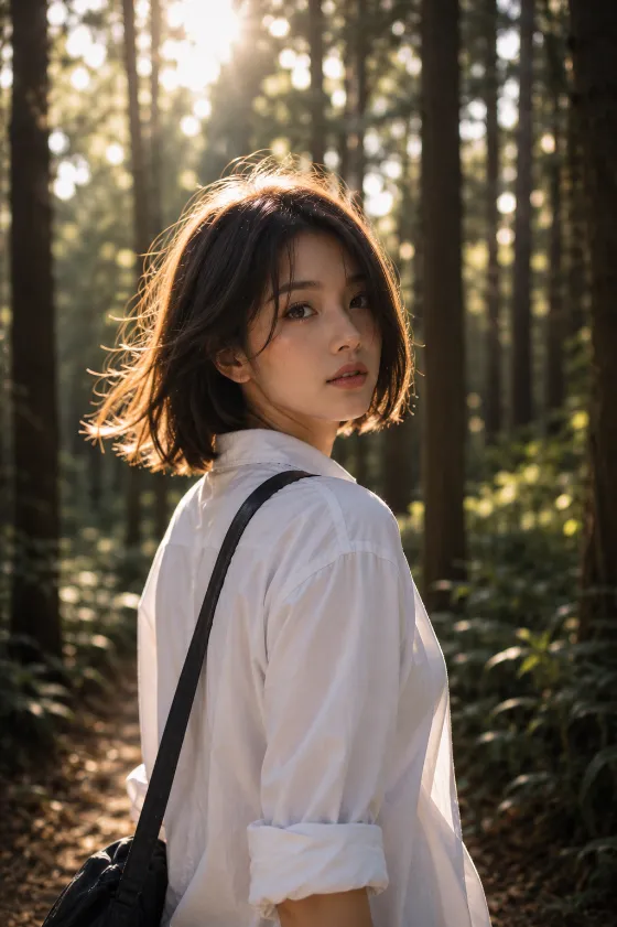 Editorial portrait of a fashion subject turning back while walking through a forest with warm sunlight illuminating the hair.
