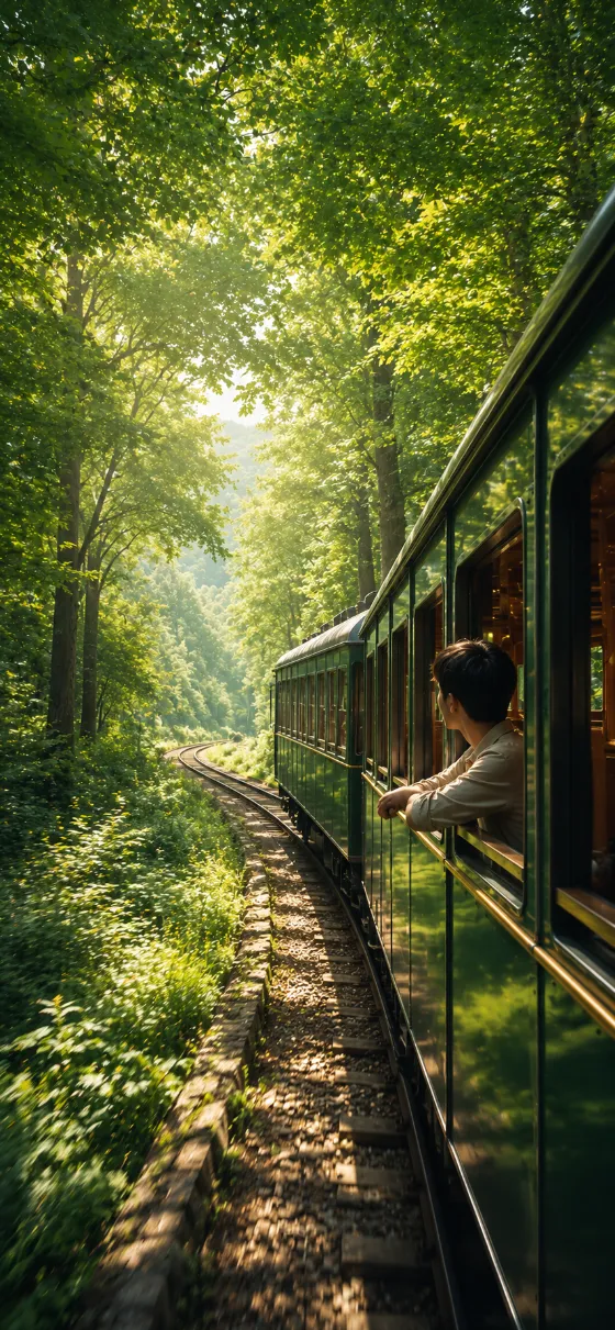 Vintage green train traveling through a lush sunlit forest with a solitary traveler looking out the window.