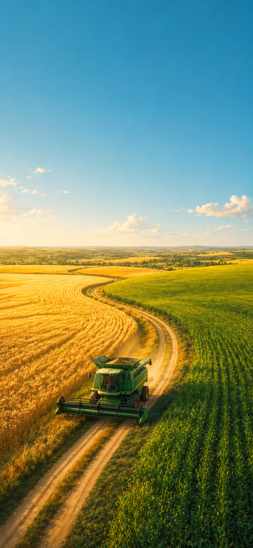 Aerial countryside wallpaper showing a harvester traveling between golden wheat and green crop fields.