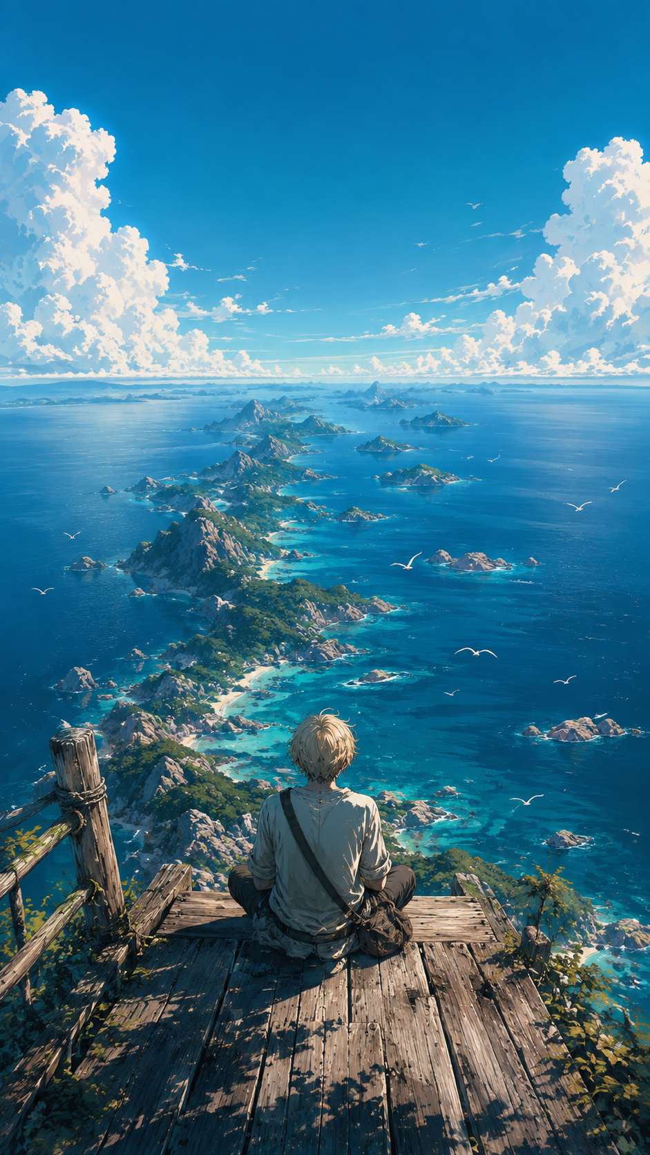 Rear view of a lone blond traveler seated on weathered wood above a vast blue ocean filled with mountainous islands, turquoise coves, and summer clouds.