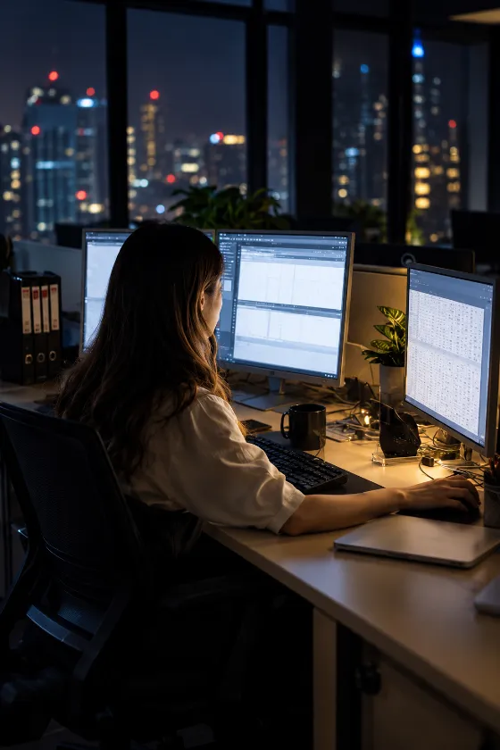 A woman with long brown hair in an ivory blouse works at a three-monitor desk in a dark high-rise office at night, warm desk light and cool screen glow against a blurred city skyline.