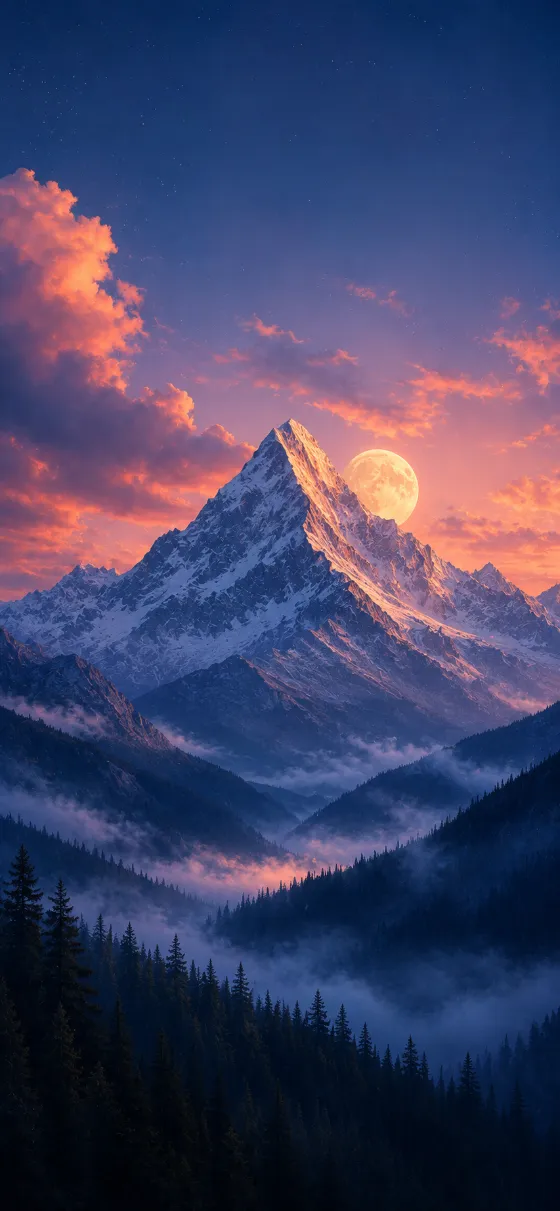 Snow-capped mountain above misty evergreen forest beneath dramatic twilight clouds and a glowing moon.