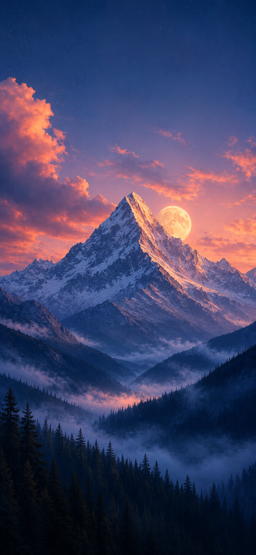 Snow-capped mountain above misty evergreen forest beneath dramatic twilight clouds and a glowing moon.