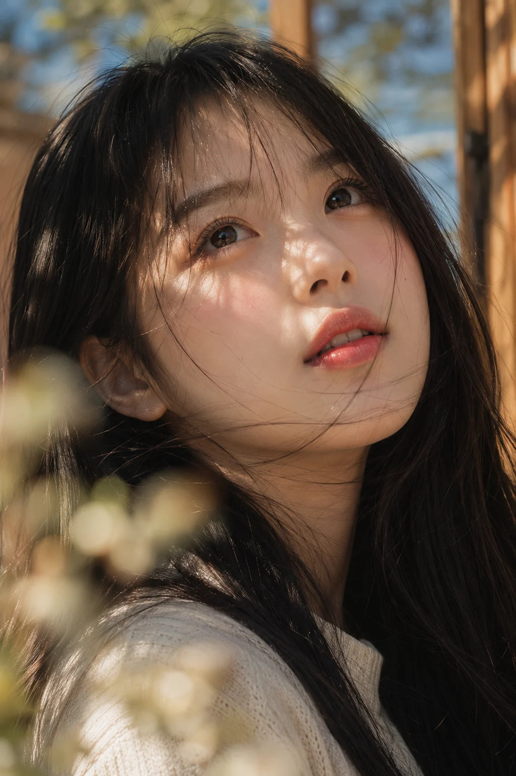 Editorial close-up portrait with warm sunlight and flowing hair.