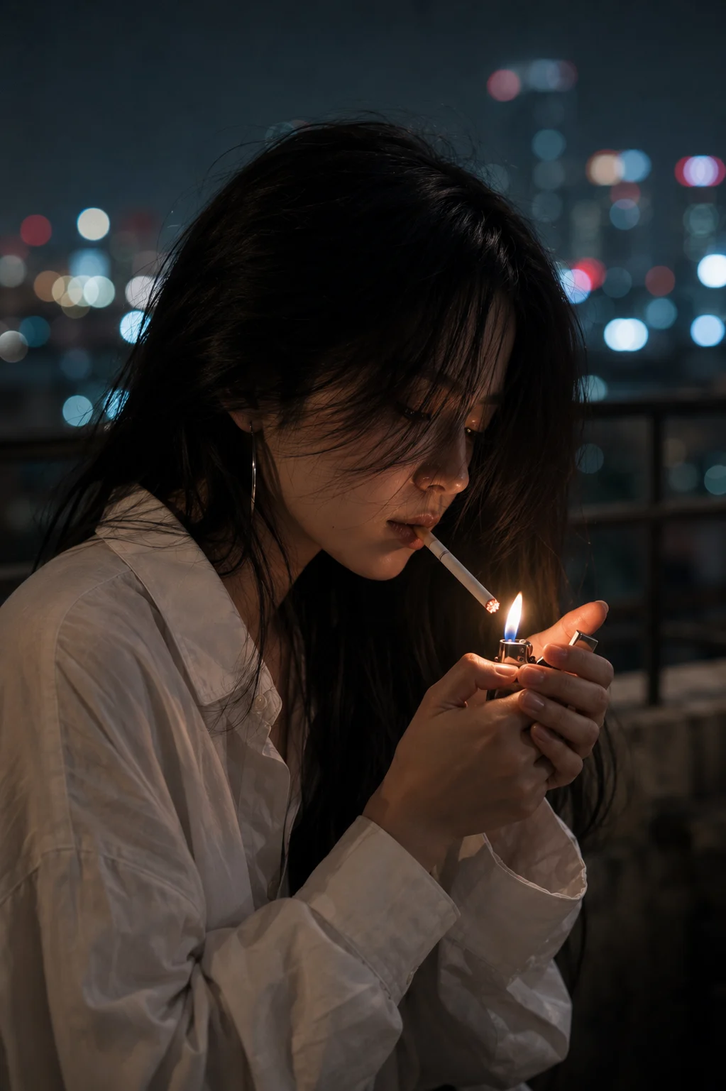 Close cinematic portrait of a fashion subject illuminated by a lighter flame against a softly blurred nighttime background.