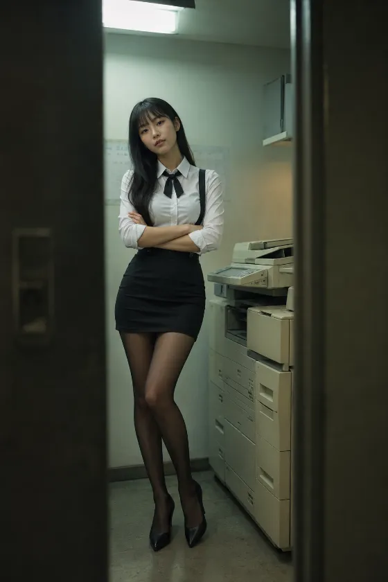 Cinematic full-body office fashion portrait framed by dark doorway edges beside stacked cream copiers.