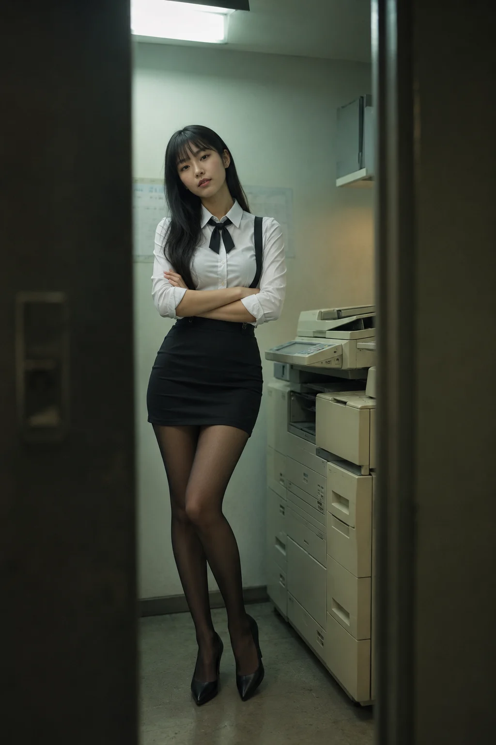Cinematic full-body office fashion portrait framed by dark doorway edges beside stacked cream copiers.