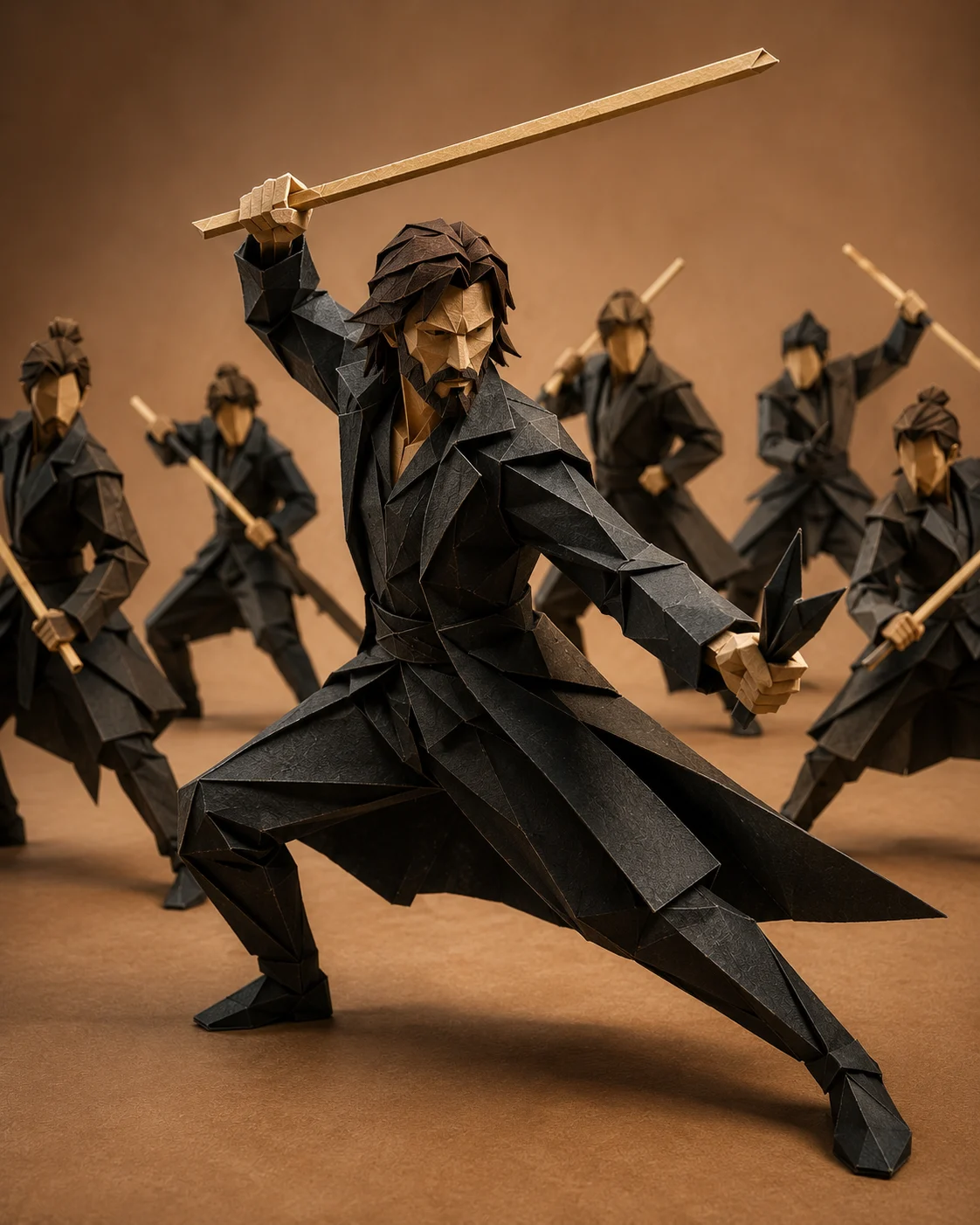 Low-poly paper action figures in dark folded coats performing coordinated poses on a warm tan studio set.
