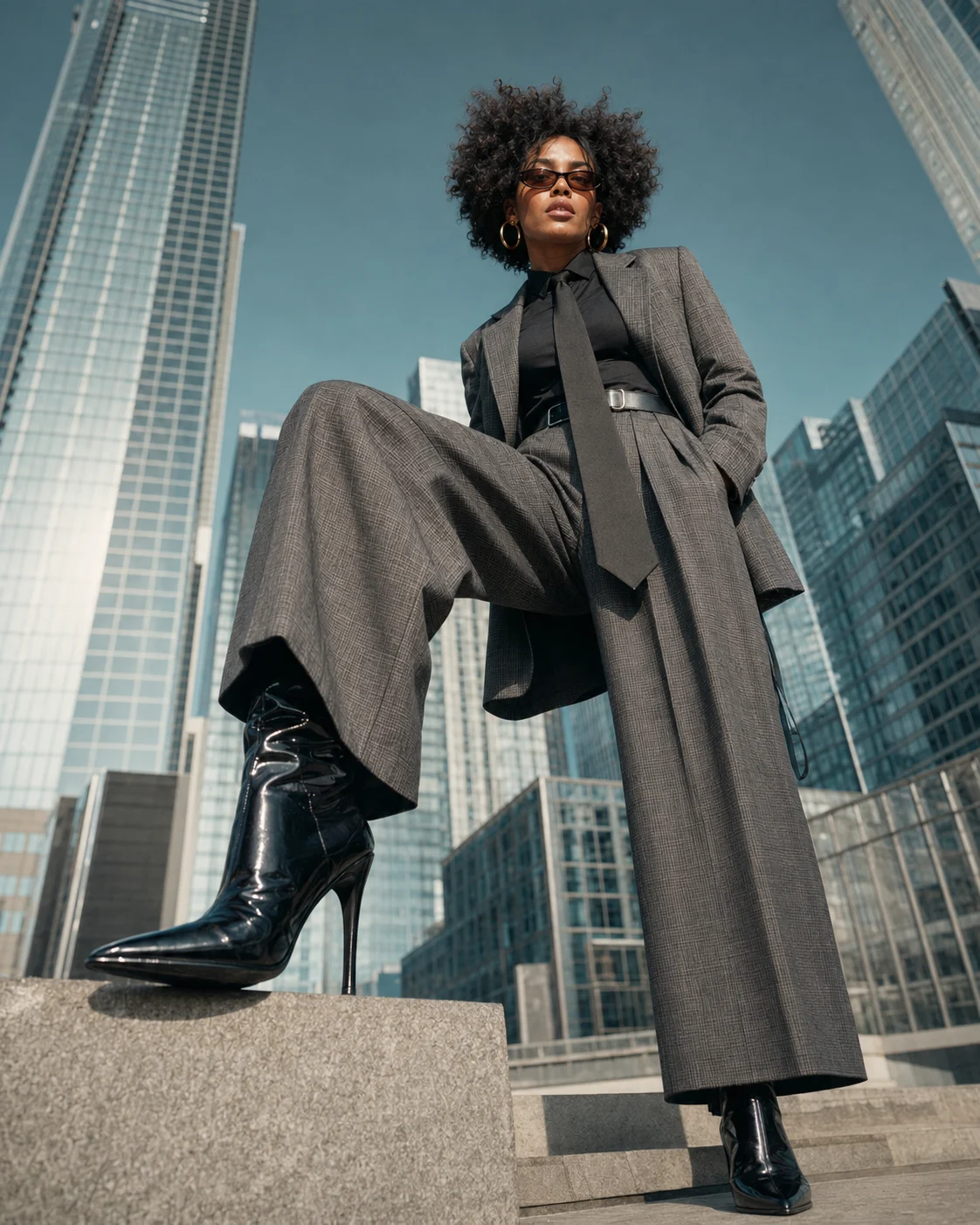 Low-angle city fashion portrait of an adult subject in an oversized checked blazer suit, black tie, and glossy knee-high boots.