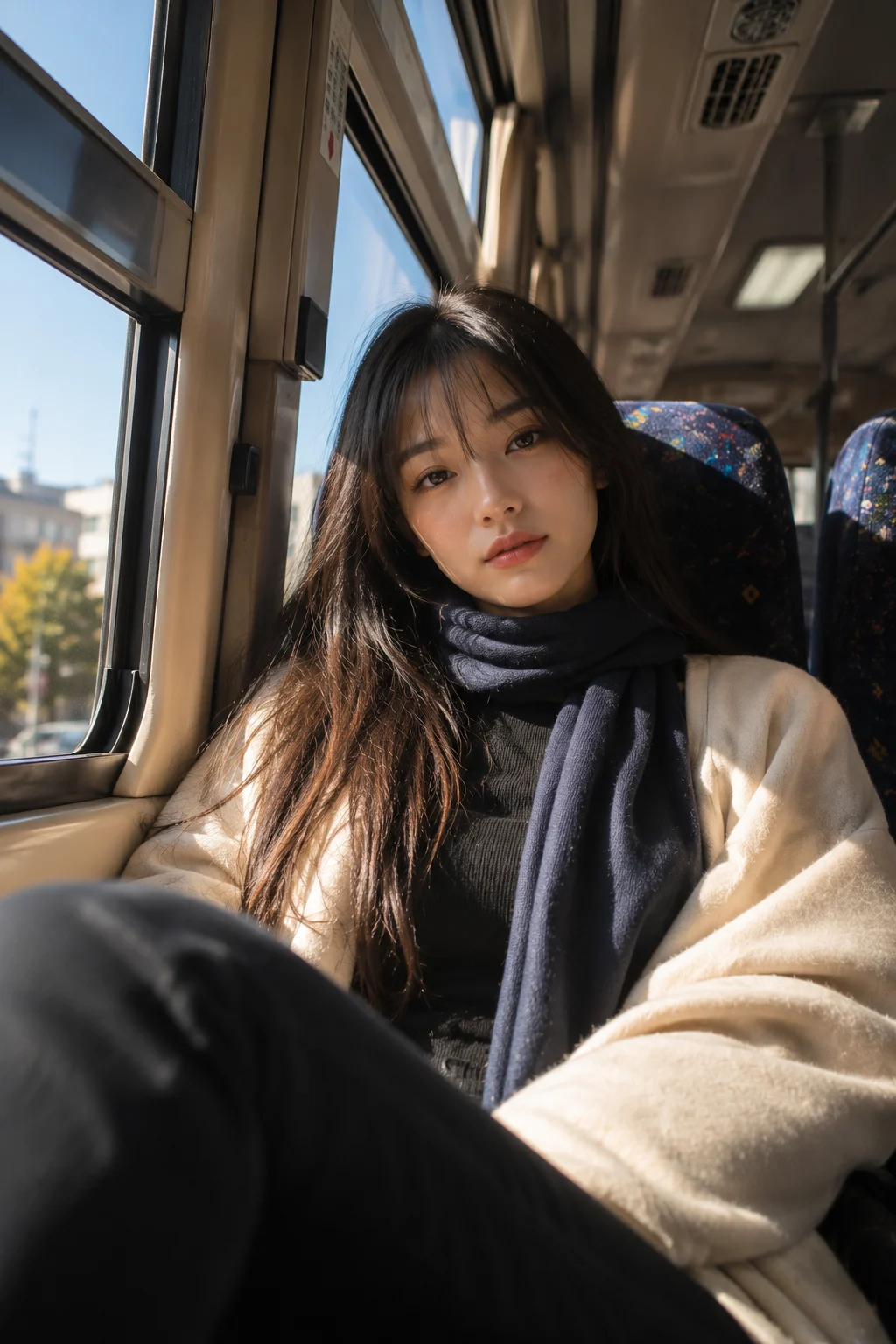 Editorial portrait of a fashion subject seated beside a vehicle window in warm natural daylight.