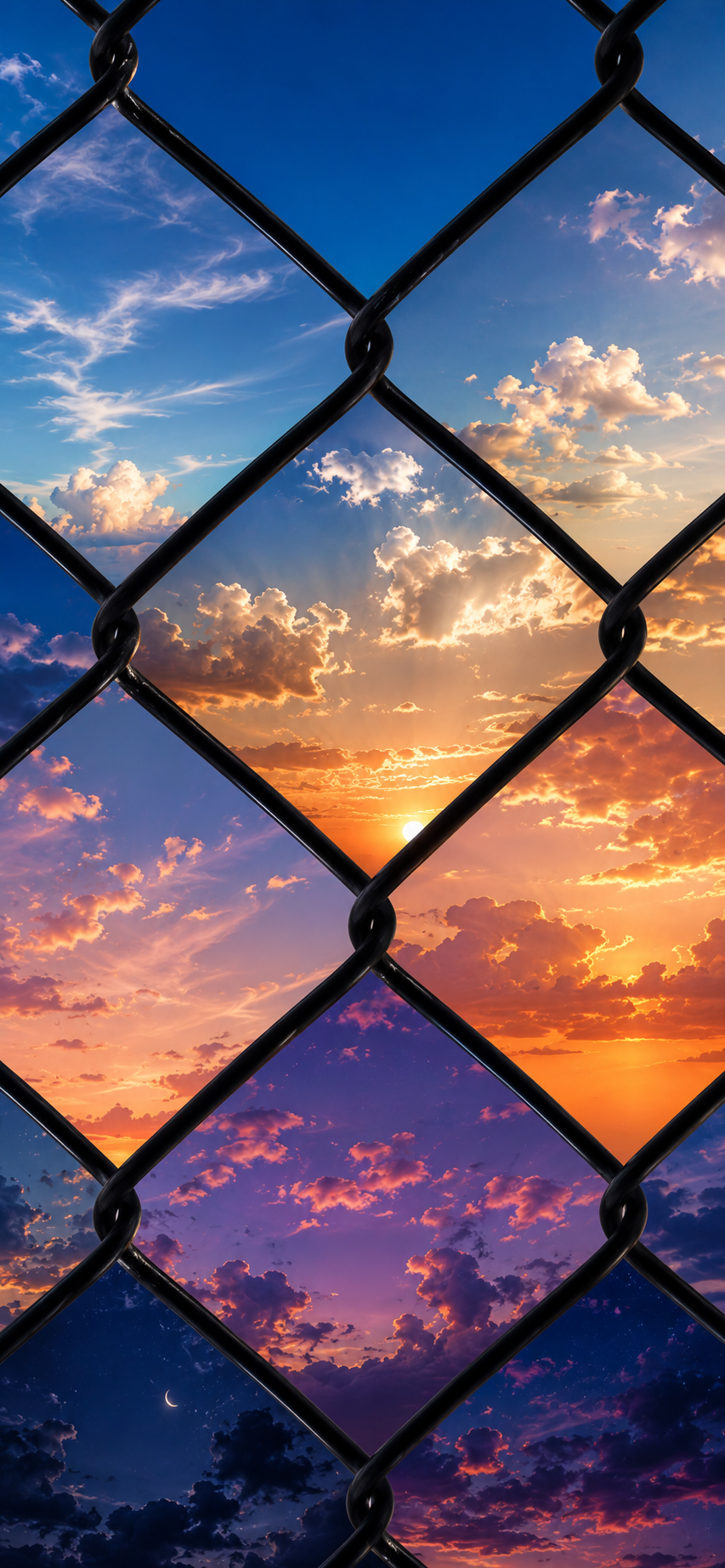 Chain-link fence framing multiple colorful skies with cinematic clouds and sunset light.