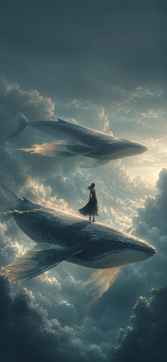Solitary woman in a dark dress standing on a giant flying whale-like creature among vast teal storm clouds and soft golden light.