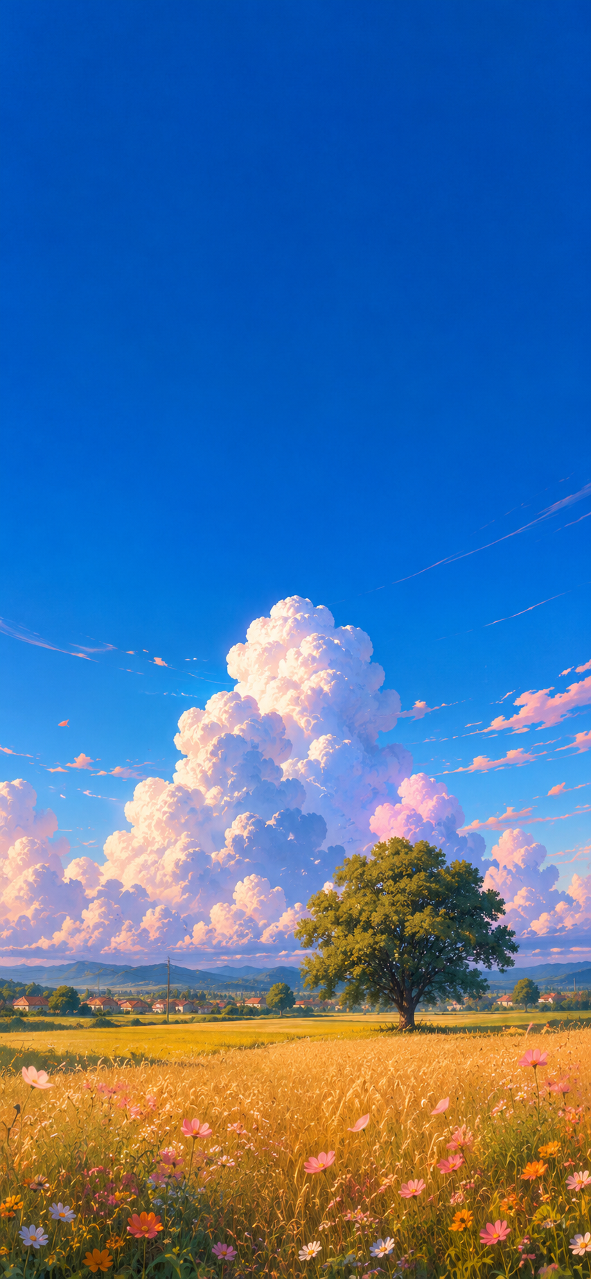Anime-inspired countryside wallpaper with a vast blue sky, towering white clouds, a lone tree, and golden fields.
