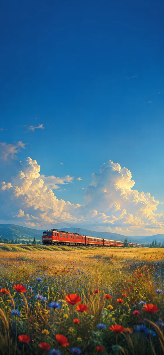 A red countryside train crossing golden flower fields beneath towering white clouds and a deep blue summer sky.