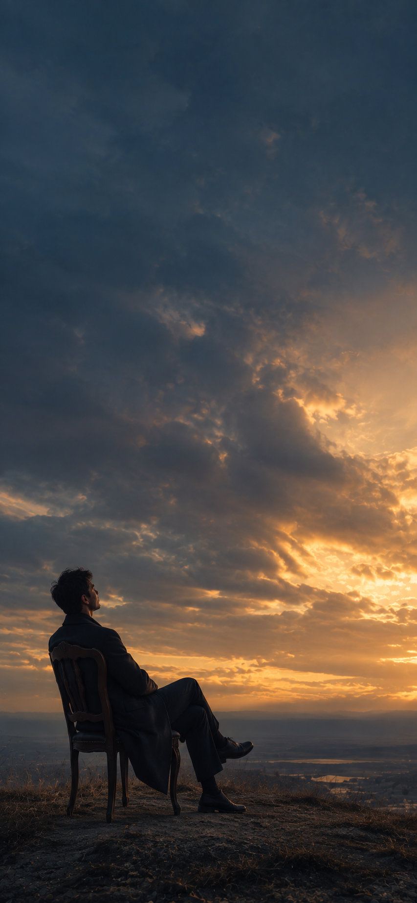A solitary person seated beneath a dramatic sunset sky in an open landscape.