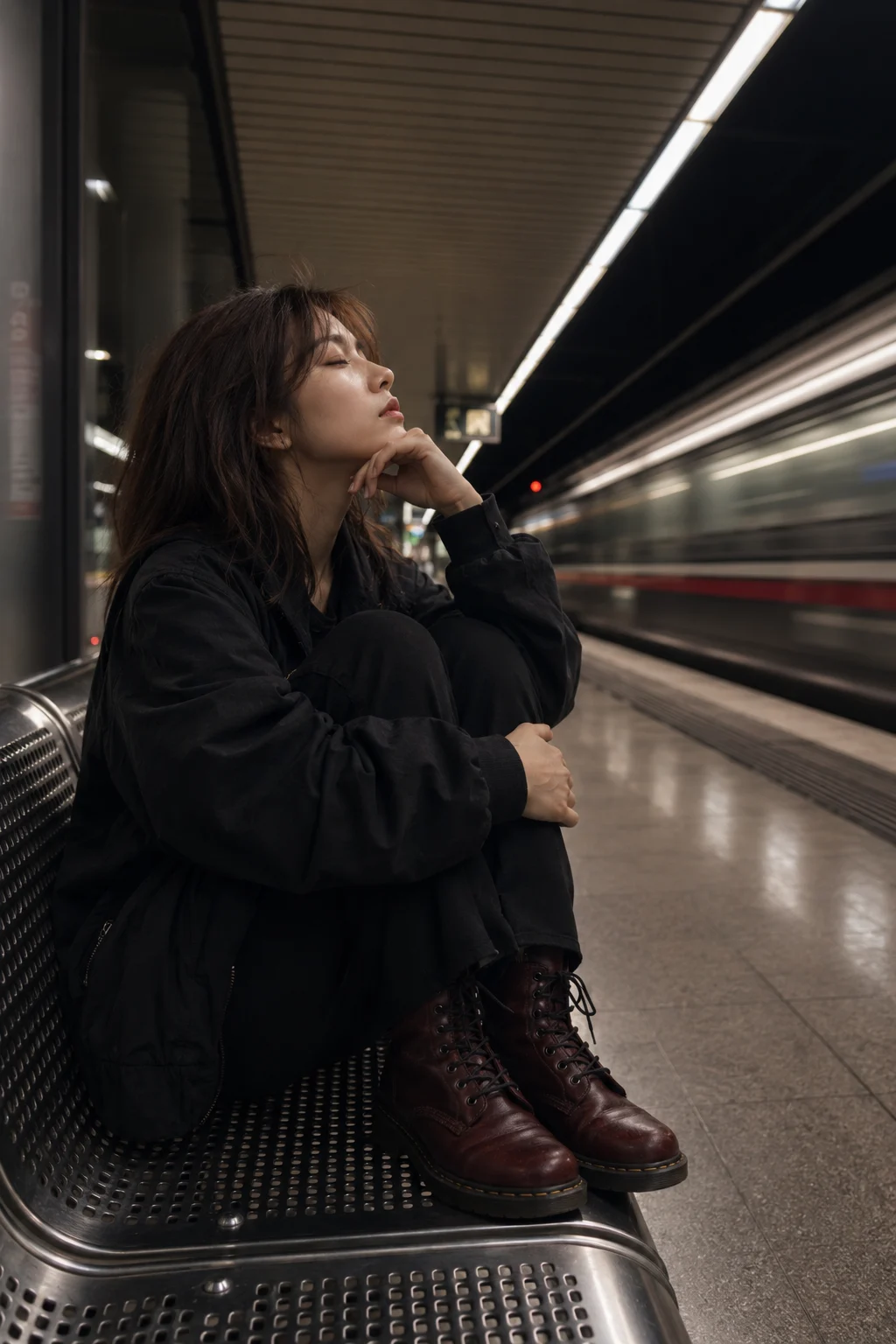 Editorial portrait of a fashion subject sitting alone on a metro station bench at night, with cinematic lighting and strong leading lines.
