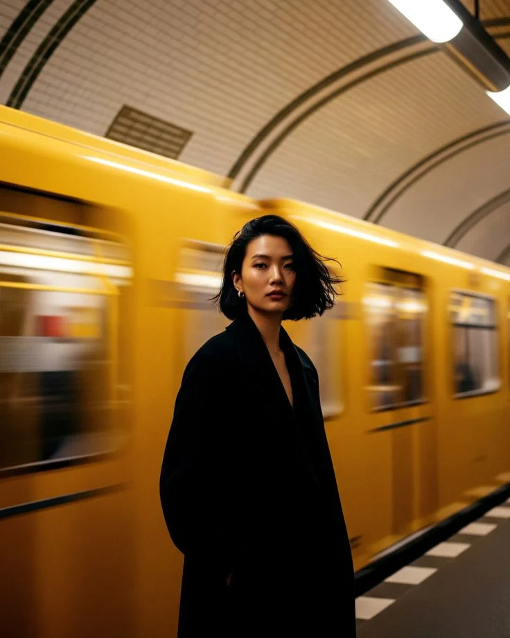 Editorial portrait of a person in a black coat on a metro platform with a motion-blurred yellow behind.