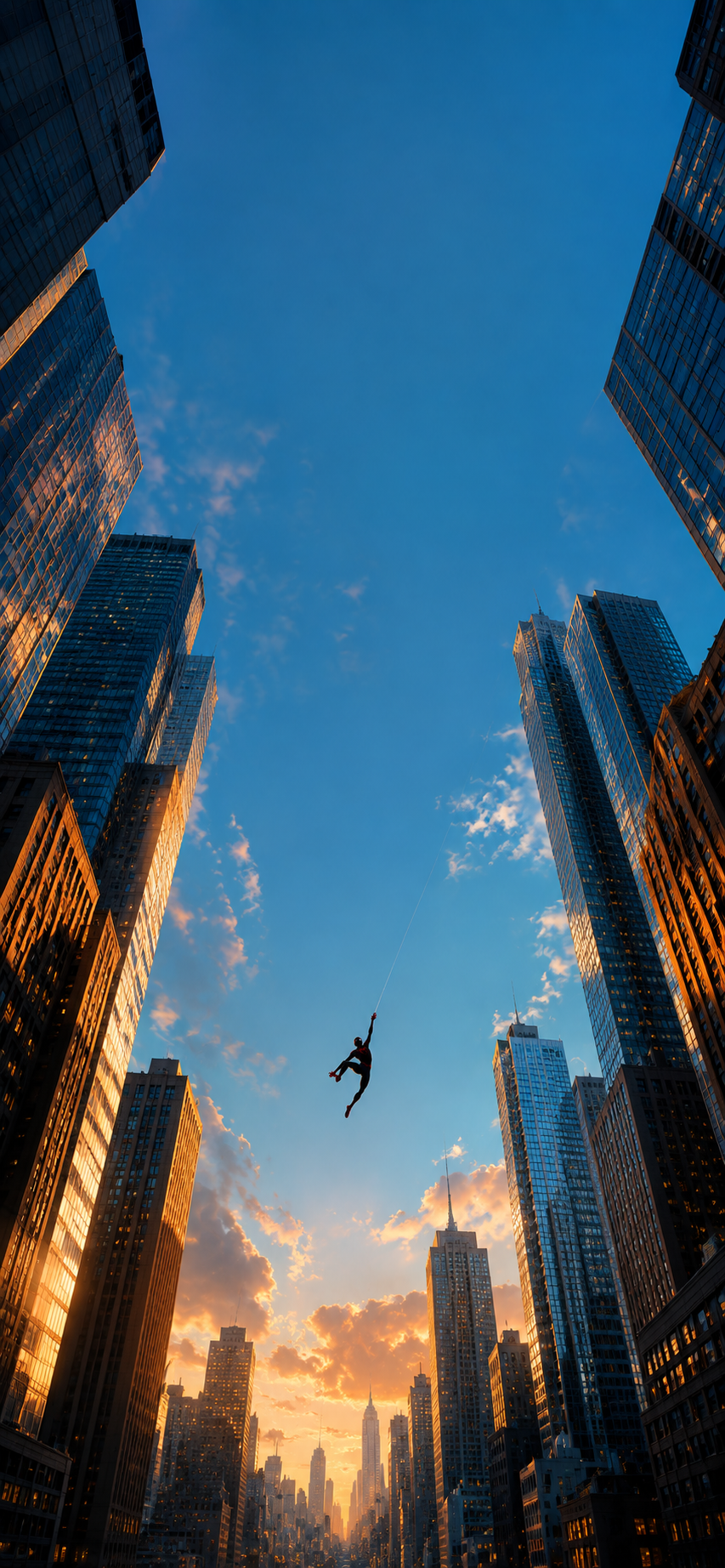 A masked superhero silhouetted against blue sky between towering city skyscrapers at golden hour.