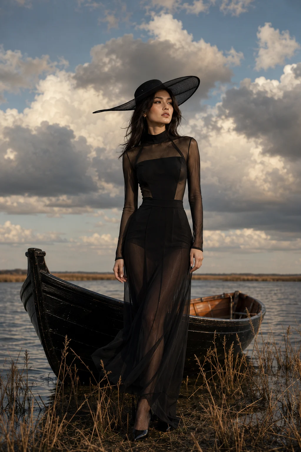 Full-body editorial fashion image of a young East Asian woman in a sheer black gown standing by a boat in a marsh landscape.